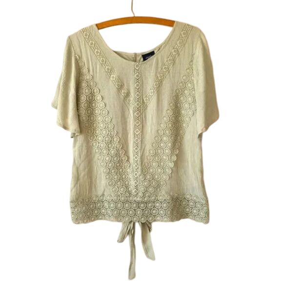 Daytrip Embroidered Lace Green Top Short Sleeve Tie Back Boho Hippie Open Knit M - Picture 1 of 10